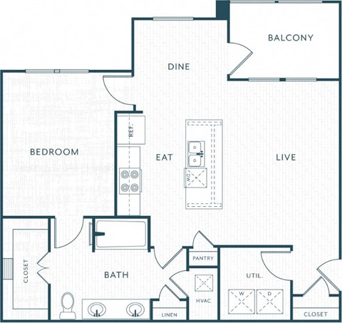 A floor plan of a house with a bedroom, bathroom, pantry, and living room.
